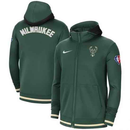 Men Milwaukee Bucks Nike 75th Anniversary Performance Showtime Full Zip Hoodie Jacket  Hunter Green